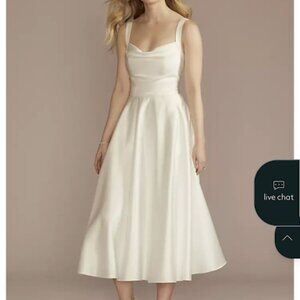 DB Studio Cowl Neck Tea-Length Satin A-Line Dress – Soft White, Size 10